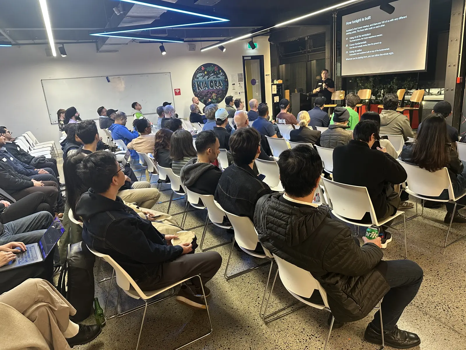 Cursor Meetup Auckland — full room during the agenda talk