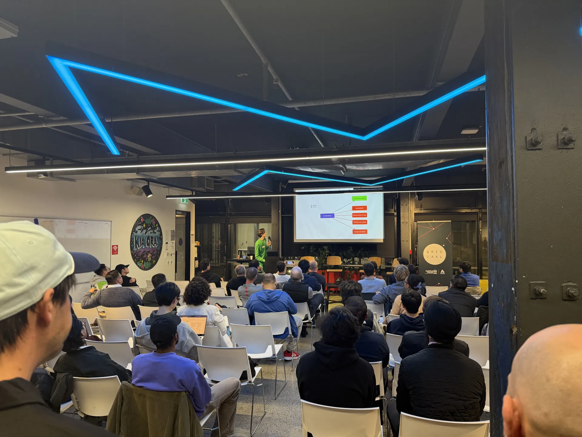 Cursor Meetup Auckland — packed room watching a technical talk